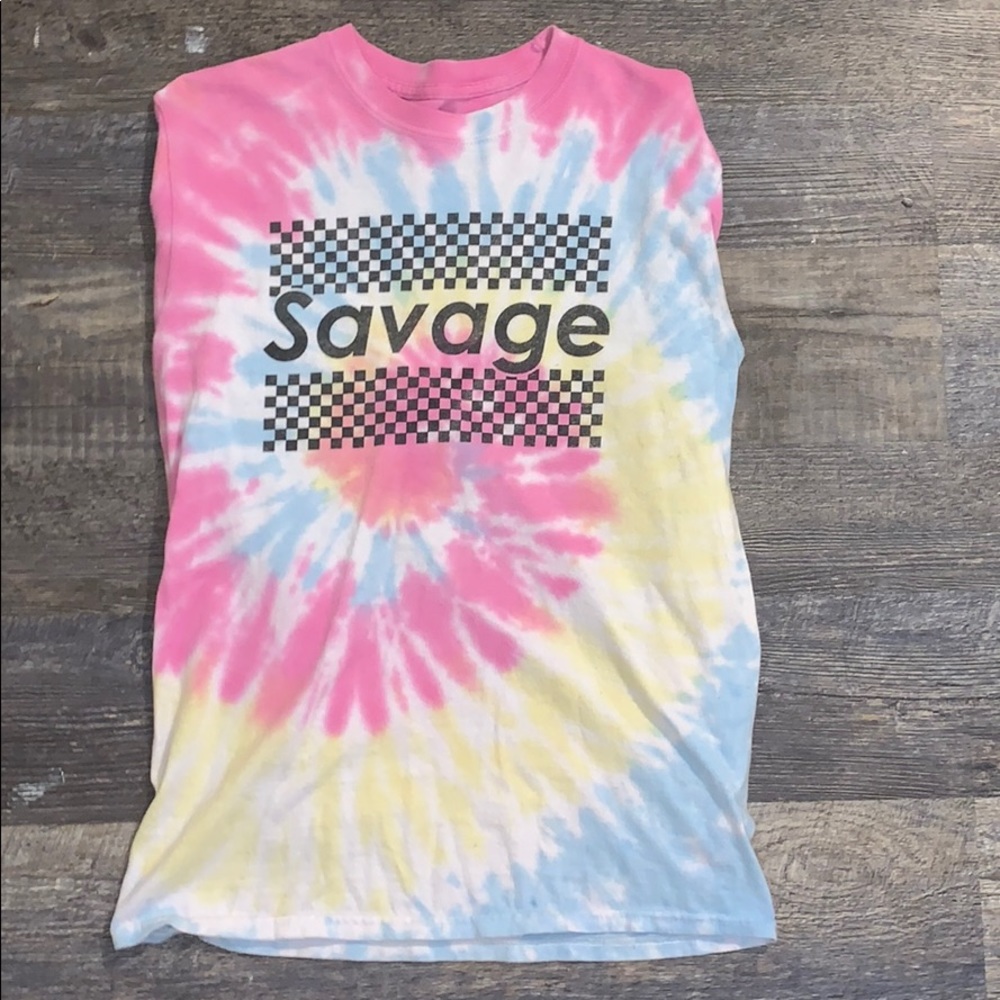 Rue 21 long-sleeve tie-dye/checkerboard shirt.